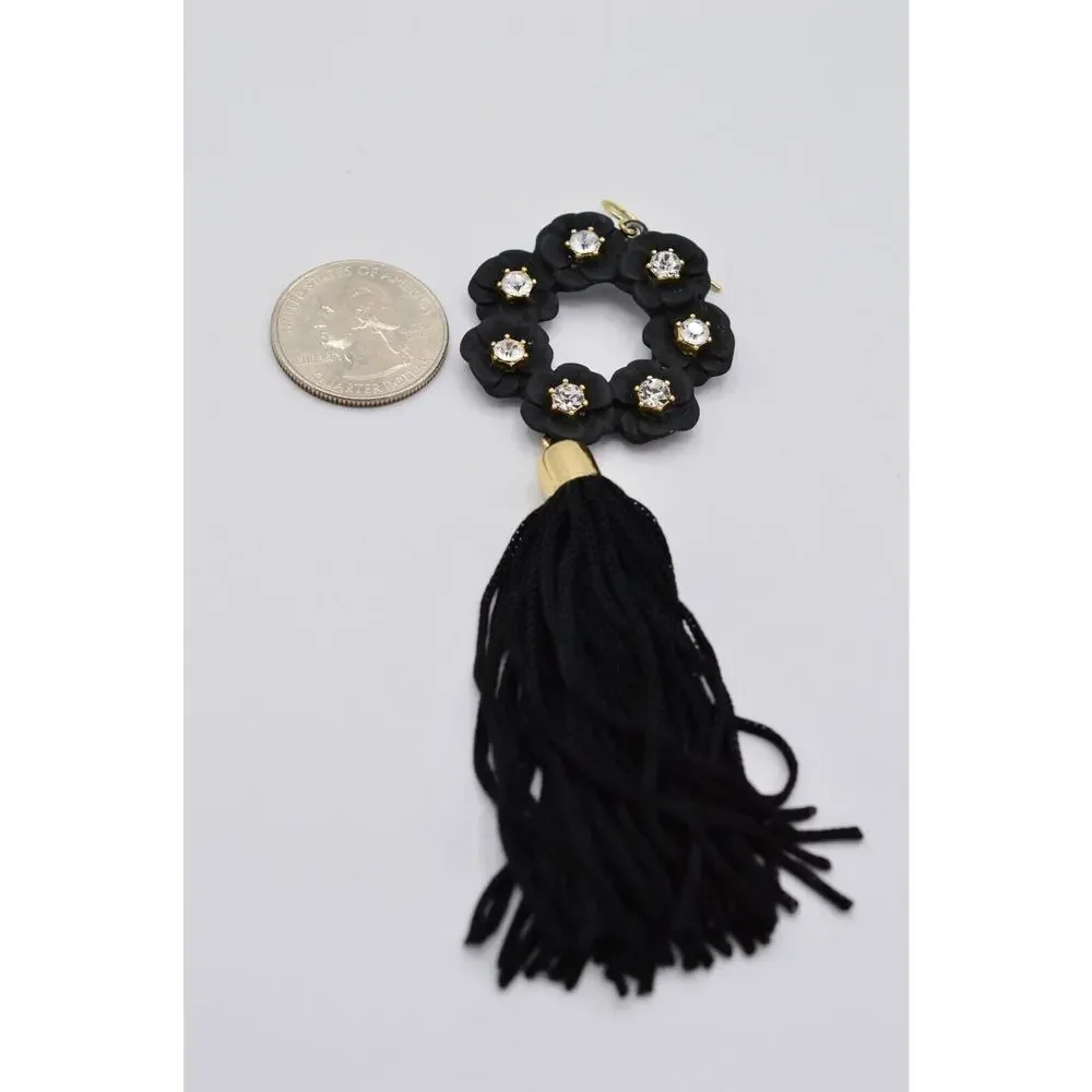 Vintage Statement Tassel Earrings Dangle Black Thread Gold Rhinestone Y2K BinAA